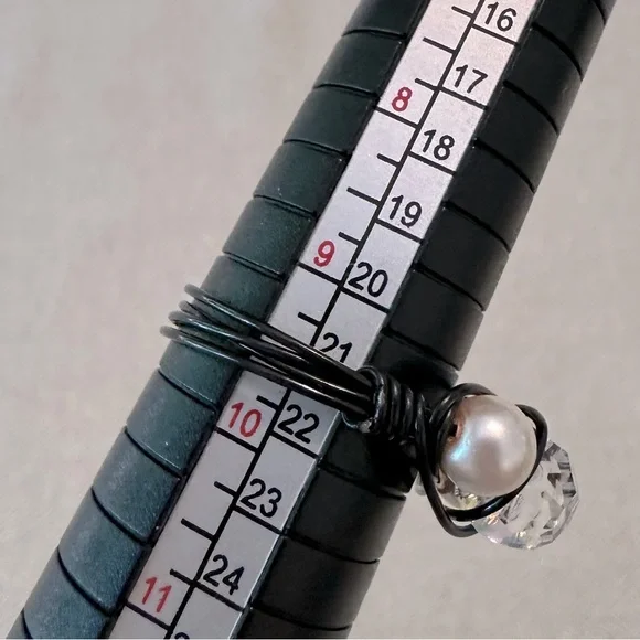 Handmade Sparkling Wire Wrapped Ring Black Glass AB Pearls Metal Hand Done - Picture 2 of 5